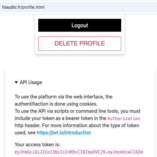 API token location in profile page